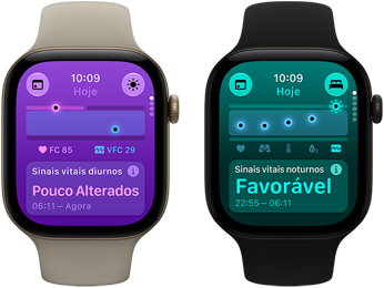 Dois relógios Apple Watch Series 12: caixa dourada-clara de alumínio, Sinais Vitais Diurnos ligeiramente alterados, Digital Crown, pulseira esportiva na cor areia; caixa preta de alumínio, Sinais Vitais Noturnos Favoráveis, Digital Crown, pulseira esportiva na cor preta