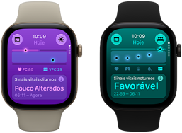 Dois relógios Apple Watch Series 12: caixa dourada-clara de alumínio, Sinais Vitais Diurnos ligeiramente alterados, Digital Crown, pulseira esportiva na cor areia; caixa preta de alumínio, Sinais Vitais Noturnos Favoráveis, Digital Crown, pulseira esportiva na cor preta