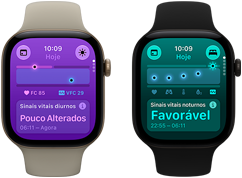 Dois relógios Apple Watch Series 12: caixa dourada-clara de alumínio, Sinais Vitais Diurnos ligeiramente alterados, Digital Crown, pulseira esportiva na cor areia; caixa preta de alumínio, Sinais Vitais Noturnos Favoráveis, Digital Crown, pulseira esportiva na cor preta