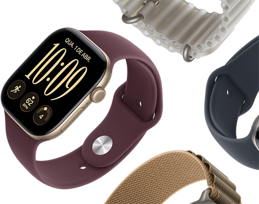 Pulseiras do Apple Watch Series 11: pulseira esportiva roxo-névoa, pulseira Oceano azul-âncora, pulseira loop Alpina azul-clara