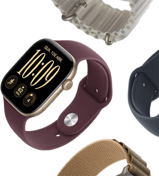 Pulseiras do Apple Watch Series 11: pulseira esportiva roxo-névoa, pulseira Oceano azul-âncora, pulseira loop Alpina azul-clara