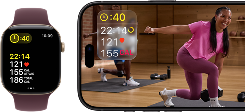 Apple Watch ao lado do iPhone com uma aula do Apple Fitness+ na tela