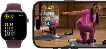 Apple Watch ao lado do iPhone com uma aula do Apple Fitness+ na tela