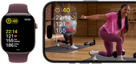 Apple Watch ao lado do iPhone com uma aula do Apple Fitness+ na tela