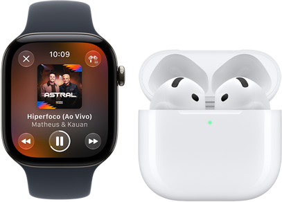 Apple Watch Series 12 com caixa preta de alumínio e pulseira esportiva preta, emparelhado com os AirPods 4, tela mostrando o app Apple Music aberto