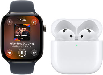 Apple Watch Series 12 com caixa preta de alumínio e pulseira esportiva preta, emparelhado com os AirPods 4, tela mostrando o app Apple Music aberto