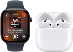 Apple Watch Series 12 com caixa preta de alumínio e pulseira esportiva preta, emparelhado com os AirPods 4, tela mostrando o app Apple Music aberto