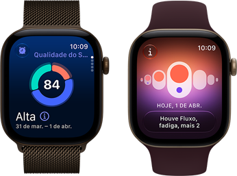Dois relógios Apple Watch Series 12, um com caixa de alumínio bronze-escuro, gráfico em círculo com a pontuação do sono, Digital Crown e pulseira estilo milanês bronze-escura, e outro com caixa dourada-clara de alumínio, pulseira loop esportiva bordô e Acompanhamento de Ciclo