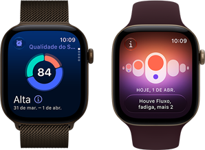 Dois relógios Apple Watch Series 12, um com caixa de alumínio bronze-escuro, gráfico em círculo com a pontuação do sono, Digital Crown e pulseira estilo milanês bronze-escura, e outro com caixa dourada-clara de alumínio, pulseira loop esportiva bordô e Acompanhamento de Ciclo