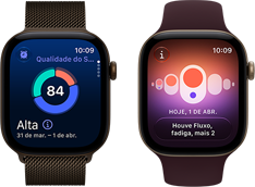 Dois relógios Apple Watch Series 12, um com caixa de alumínio bronze-escuro, gráfico em círculo com a pontuação do sono, Digital Crown e pulseira estilo milanês bronze-escura, e outro com caixa dourada-clara de alumínio, pulseira loop esportiva bordô e Acompanhamento de Ciclo