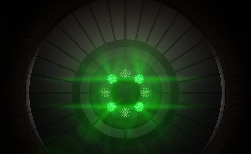 Sistema de Medições de Saúde com vários sensores redondos com luzes LED verdes brilhantes