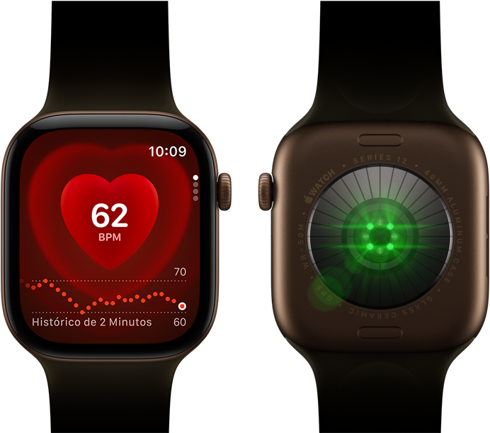 Dois relógios Apple Watch Series 12 com caixa de bronze-escura de alumínio e pulseira esportiva na cor oliva. Um mostra o app Batimentos, e o outro mostra o Sistema de Medições de Saúde na parte de trás do relógio, com luzes LED verdes brilhantes