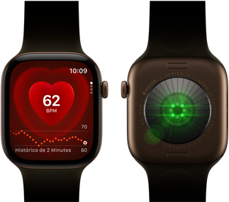 Dois relógios Apple Watch Series 12 com caixa bronze-escura de alumínio e pulseira esportiva na cor oliva. Um mostra o app Batimentos, e o outro mostra o Sistema de Medições de Saúde na parte de trás do relógio, com luzes LED verdes brilhantes