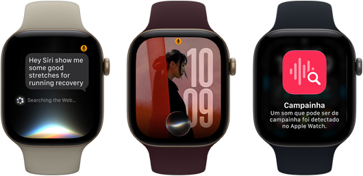 Três relógios Apple Watch Series 12, um com caixa dourada-clara de alumínio, conversa com a Siri AI, pulseira esportiva areia, um com caixa dourada-clara de alumínio, foto personalizada no mostrador com a complicação da Siri AI, pulseira esportiva bordô e um com caixa cinza-espacial de alumínio, campainha, pulseira esportiva preta