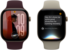 Três relógios Apple Watch Series 12, um com caixa dourada-clara de alumínio, conversa com a Siri AI, pulseira esportiva areia, um com caixa dourada-clara de alumínio, foto personalizada no mostrador com a complicação da Siri AI, pulseira esportiva bordô e um com caixa cinza-espacial de alumínio, campainha, pulseira esportiva preta