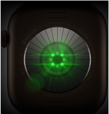 Parte de trás do Apple Watch Series 12 com caixa bronze-escura de alumínio e pulseira esportiva na cor oliva, vários sensores redondos com luzes LED verdes. 