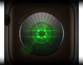 Parte de trás do Apple Watch Series 12 com caixa bronze-escura de alumínio e pulseira esportiva na cor oliva, vários sensores redondos com luzes LED verdes. 