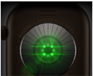 Parte de trás do Apple Watch Series 12 com caixa bronze-escura de alumínio e pulseira esportiva na cor oliva, vários sensores redondos com luzes LED verdes