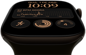 Apple Watch Series 12 com caixa de alumínio bronze-escura, mostrador Modular, complicações: dia e data, Exercícios, círculos de Atividade, Apple Music, lateral direita com Digital Crown, pulseira esportiva na cor verde-oliva