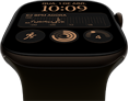 Apple Watch Series 12 com caixa de alumínio bronze-escura, mostrador Modular, complicações: dia e data, Exercícios, círculos de Atividade, Apple Music, lateral direita com Digital Crown, pulseira esportiva na cor verde-oliva