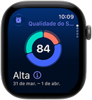 Apple Watch Series 12 com caixa cinza-espacial de alumínio, gráfico circular com a pontuação do sono, Digital Crown no lado direito