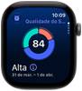 Apple Watch Series 12 com caixa cinza-espacial de alumínio, gráfico circular com a pontuação do sono, Digital Crown no lado direito