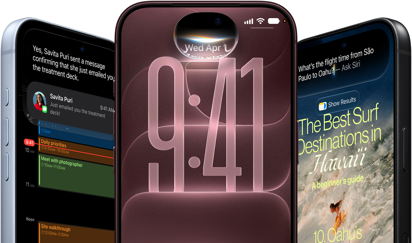 iPhones mostrando a Siri AI respondendo perguntas e encontrando informações em mensagens e na agenda